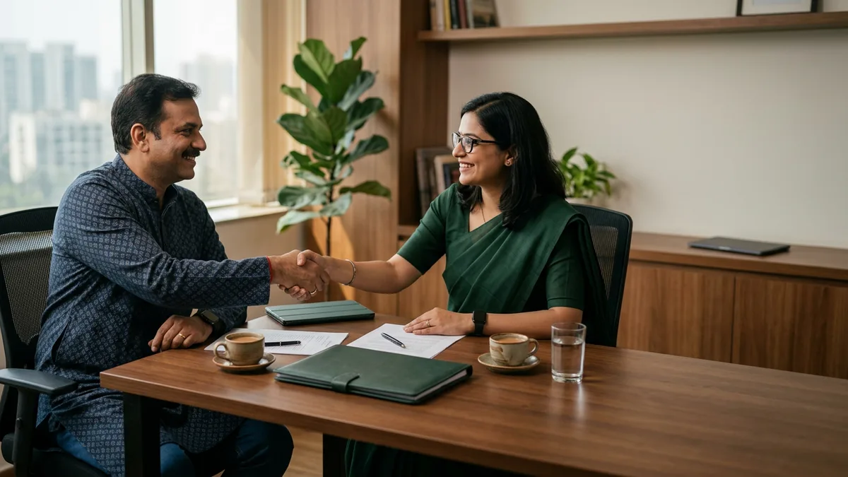 Business owner and BookMyTM adviser shaking hands after completing a filing
