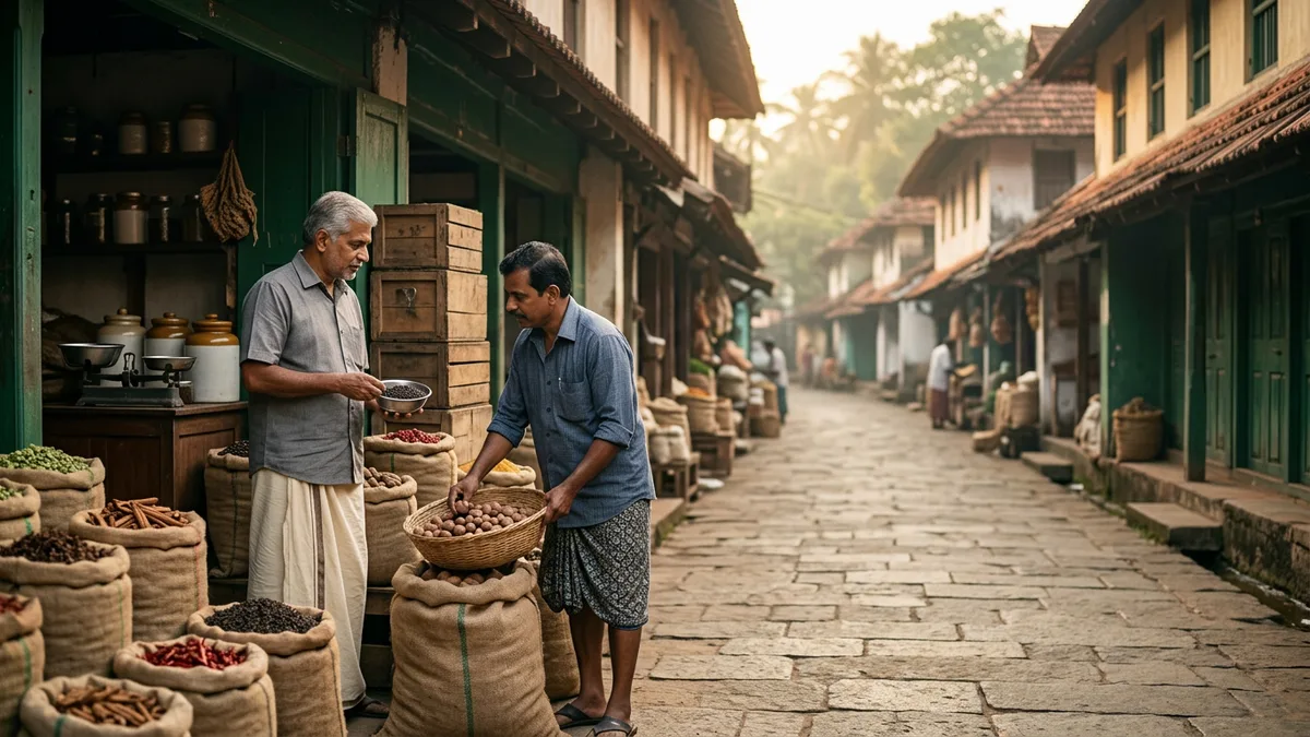 Kerala spice exporter and shopkeeper at work in a Kochi trading street