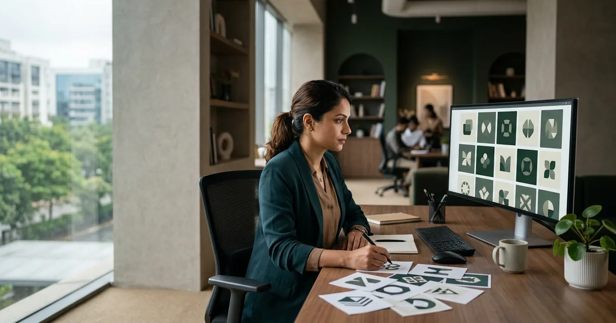 Designer reviewing machine-generated logo concepts for ownership and protection