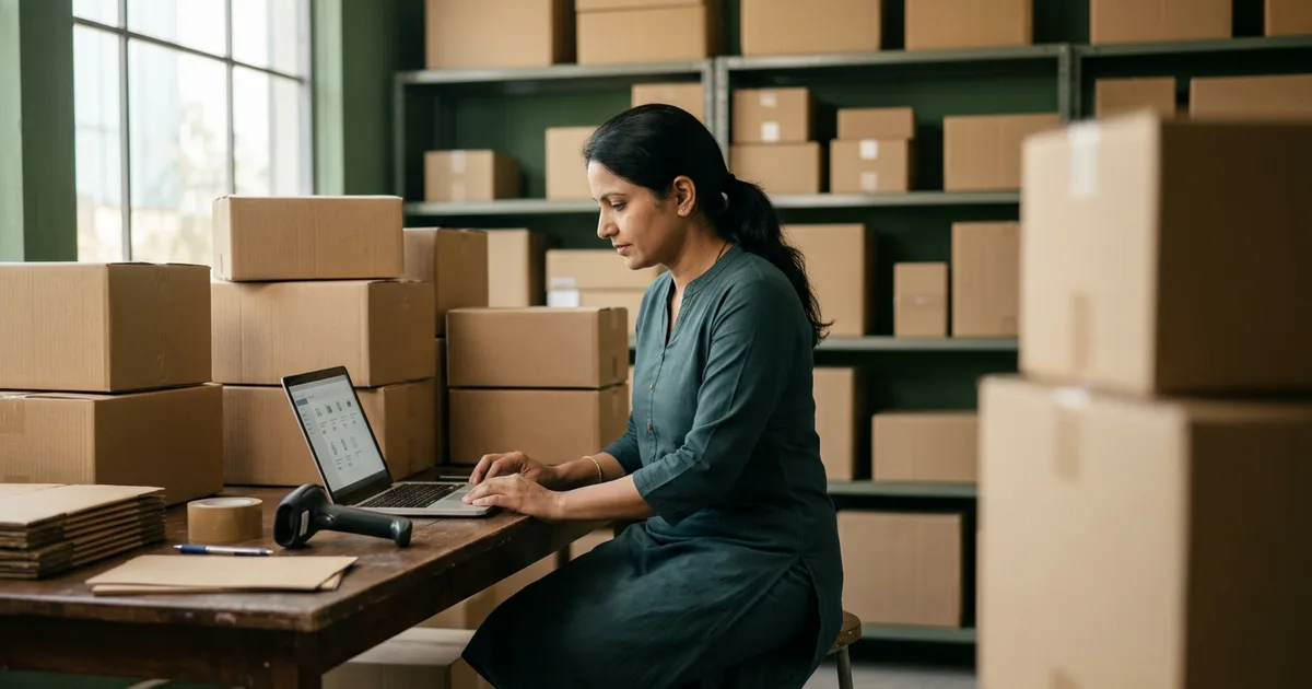 Indian online seller packing branded orders while managing an e-commerce storefront