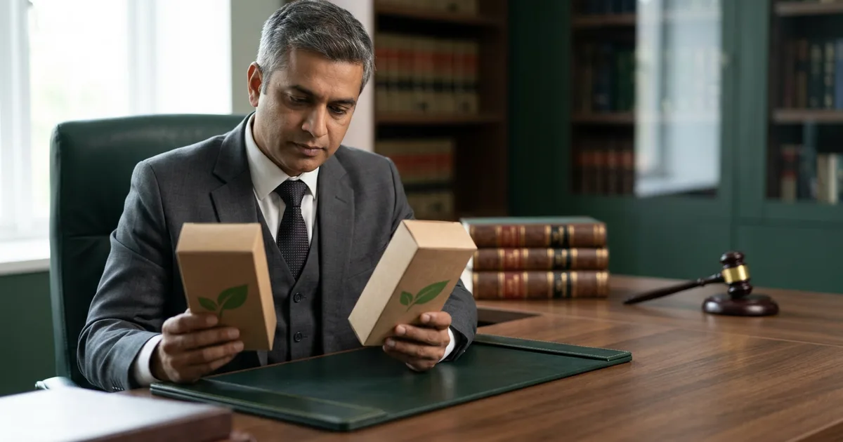 Court judgement papers on brand imitation being studied by a trademark lawyer