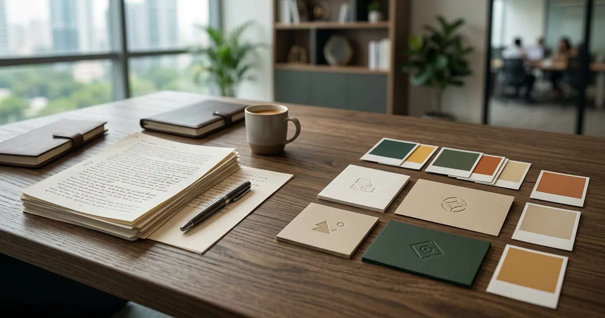Creative work and brand identity materials laid out side by side for comparison