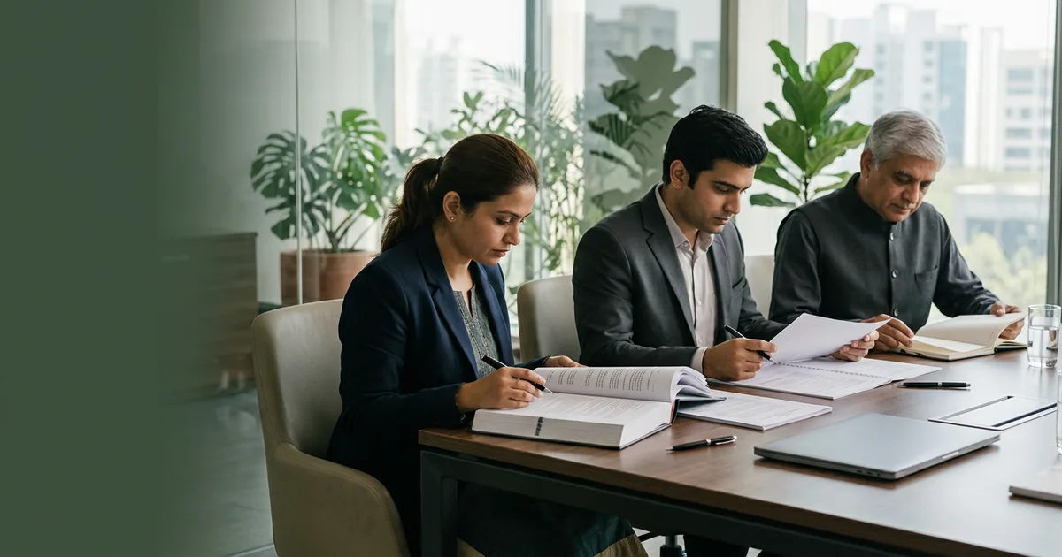 Company secretary and directors reviewing a bound legislative bill and board papers in a conference room of an Indian private company