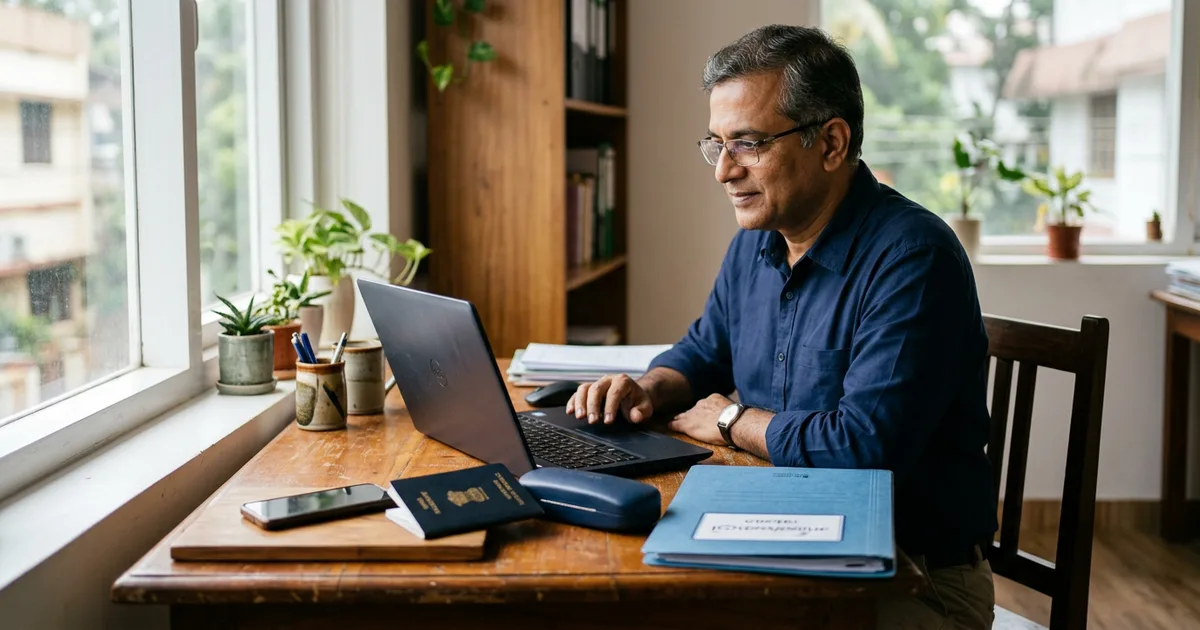 Company director verifying identity details on a laptop beside a passport and a folder in a small Kochi office