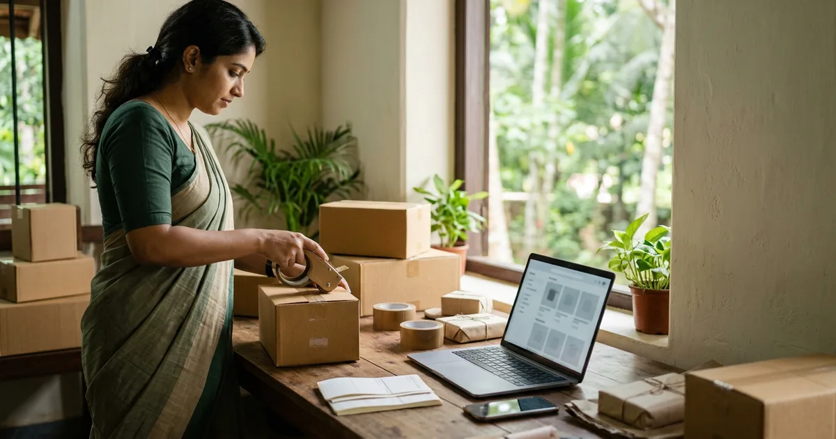 Small online seller packing parcels at a workbench with a laptop showing a product listing page in a Kerala home-business workshop