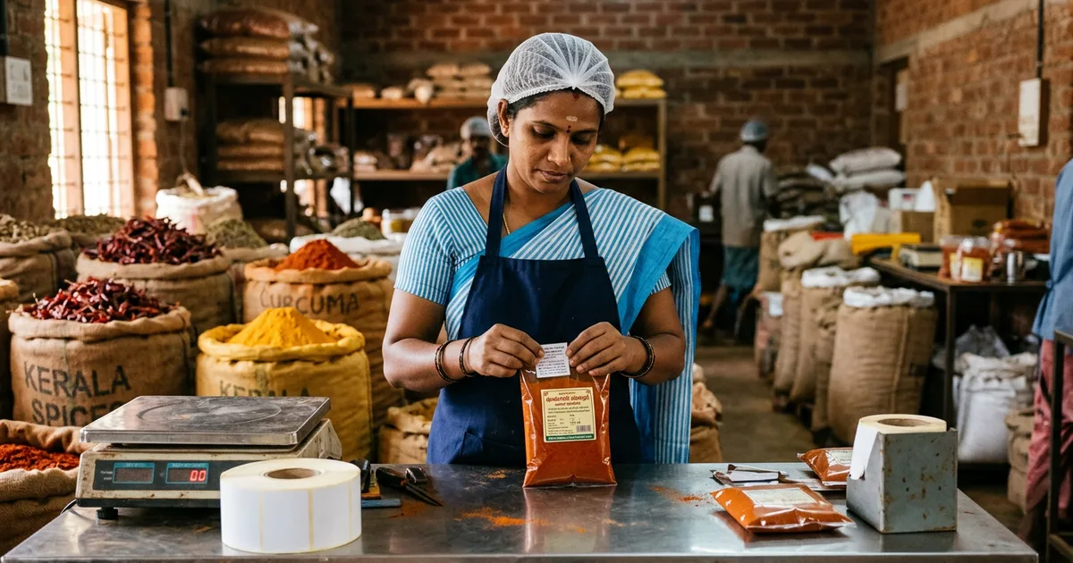Worker checking printed labels on sealed pouches of spice powder beside bulk sacks in a Kerala packing unit