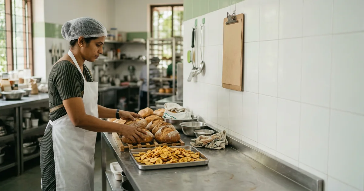 Baker arranging fresh bread and banana chips in a clean small-scale bakery kitchen in Kerala with a food-safety checklist on the wall
