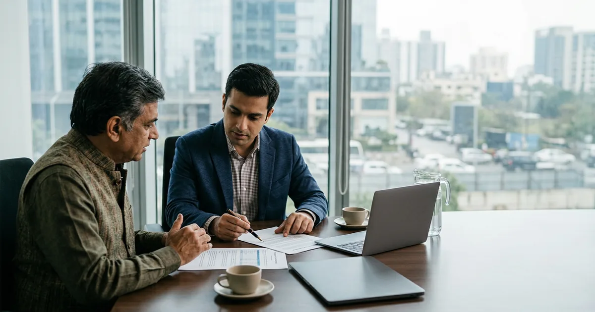 Founder and buyer reviewing a brand assignment agreement and a tax computation at a boardroom table in an Indian office
