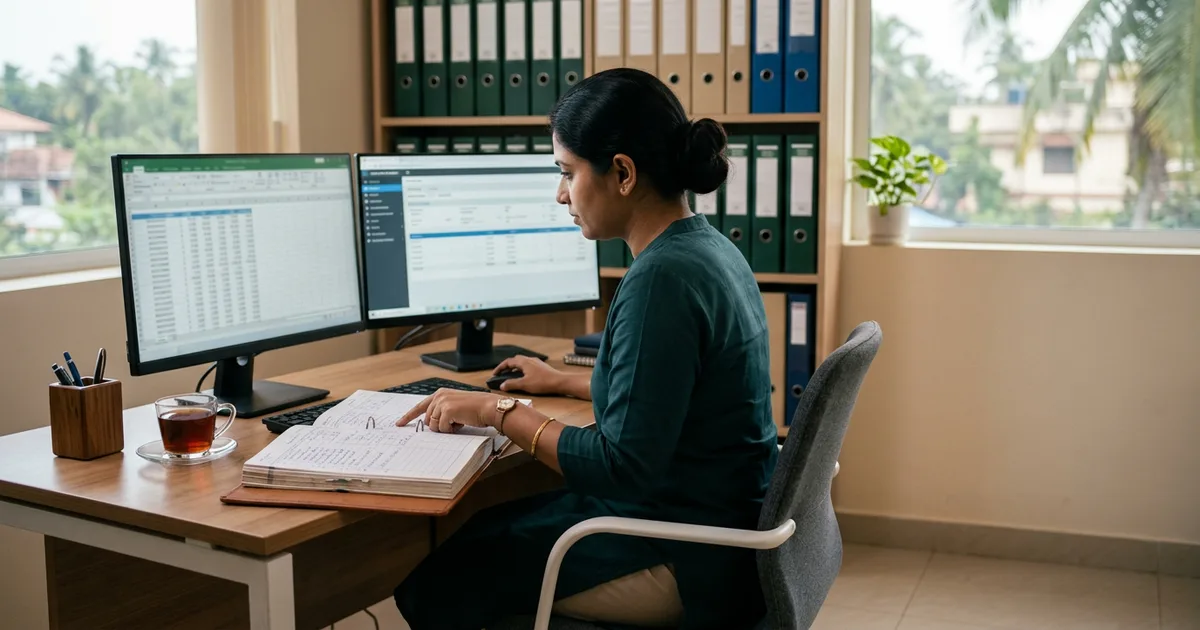 Tax practitioner reconciling purchase registers against GST returns on two monitors in an accounting office in Kerala