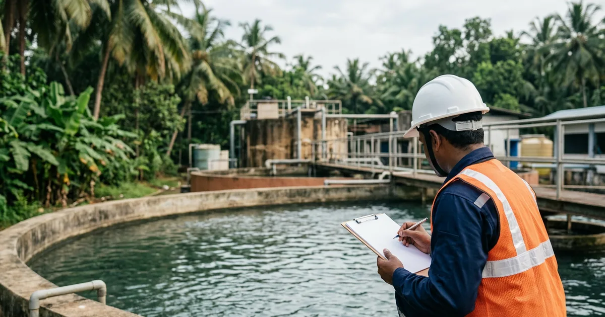 Environmental manager inspecting a wastewater treatment unit with a clipboard at a seafood processing plant in Kerala