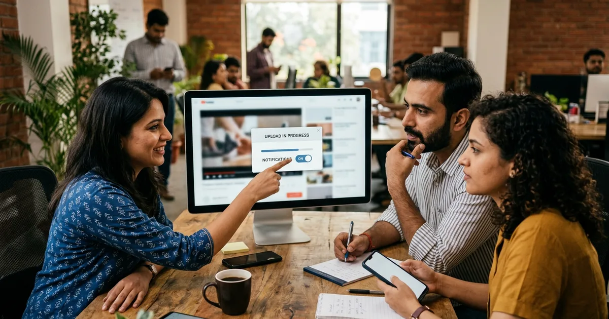 Marketing team reviewing an AI-generated product video on a monitor with a disclosure toggle visible in the upload screen