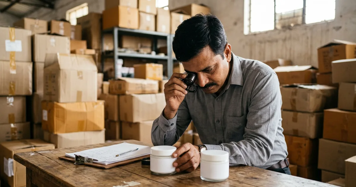 Enforcement officer examining two look-alike cosmetic jars with a loupe beside cartons of seized goods in an Indian warehouse