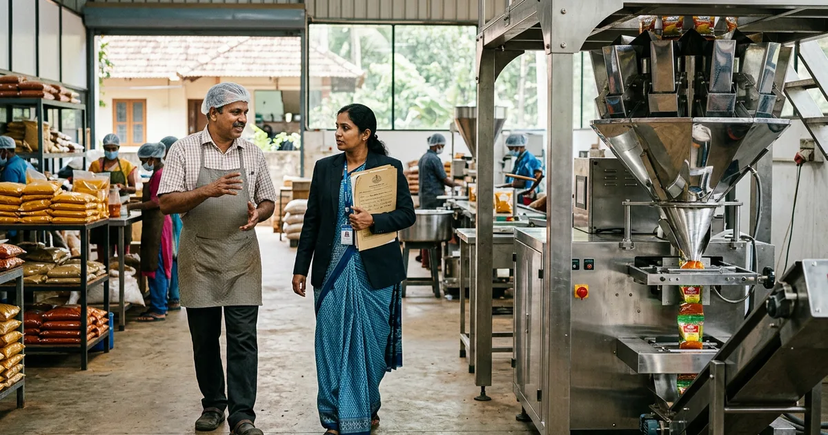 Owner of a small Kerala manufacturing unit walking a visiting industries officer past new machinery on the shop floor