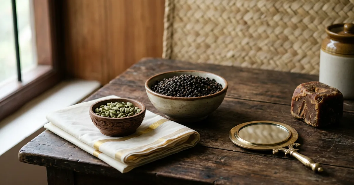 Display of Kerala geographical indication products including black pepper, cardamom, handloom cloth and a metal mirror on a wooden table