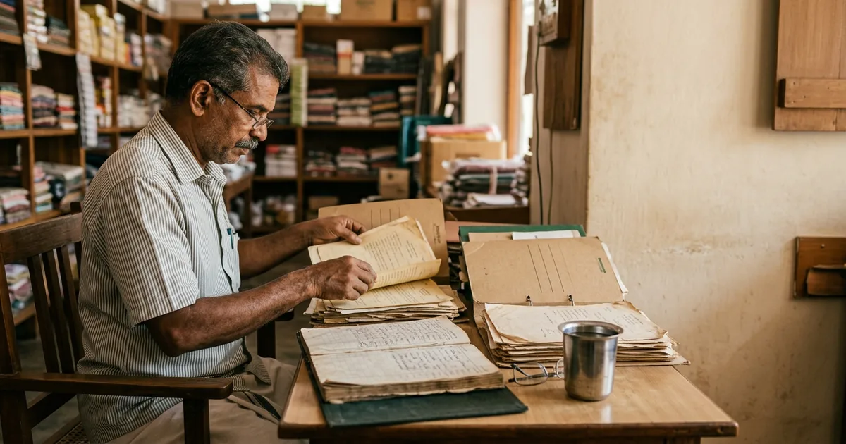 Trader in a Kerala shop office sorting old sales-tax assessment orders and demand notices into folders on a wooden desk