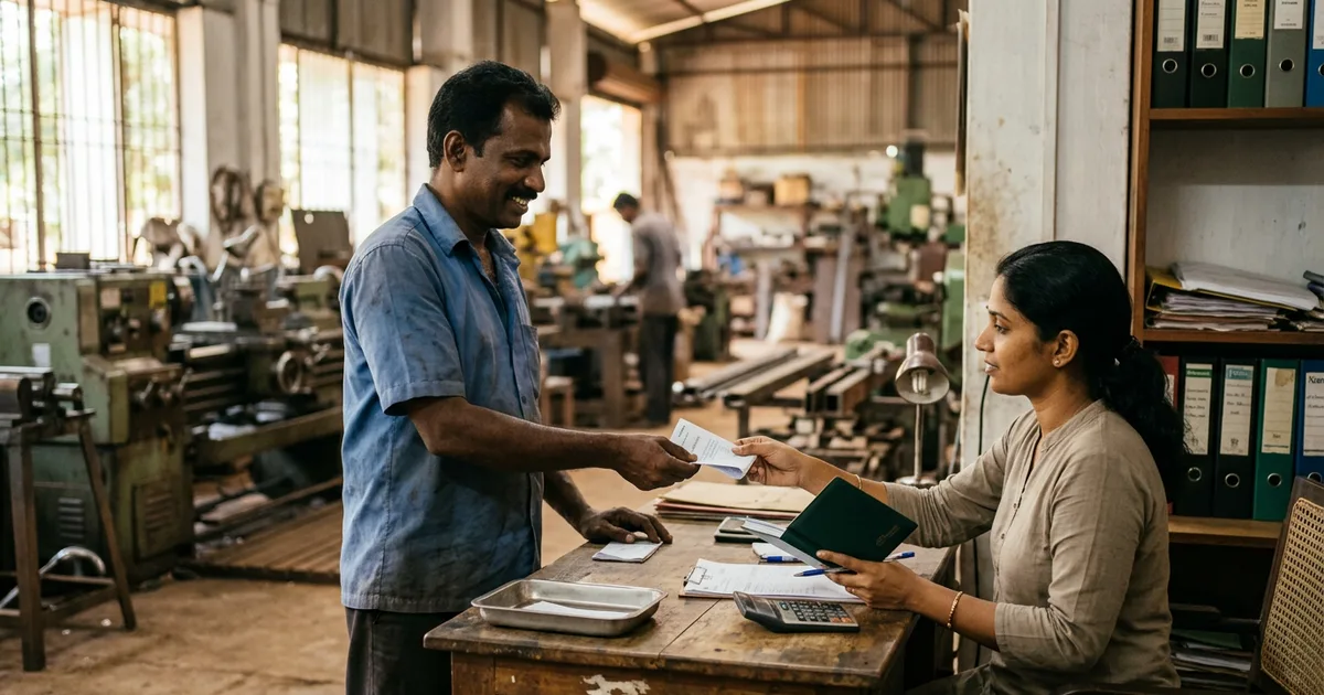 Small manufacturer and a buyer's accounts clerk settling an invoice across a counter in a Kerala workshop office