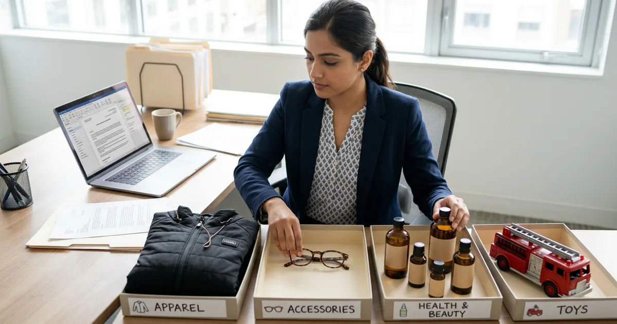 Trademark attorney sorting product samples including spectacles and a heated jacket into labelled class trays on a desk