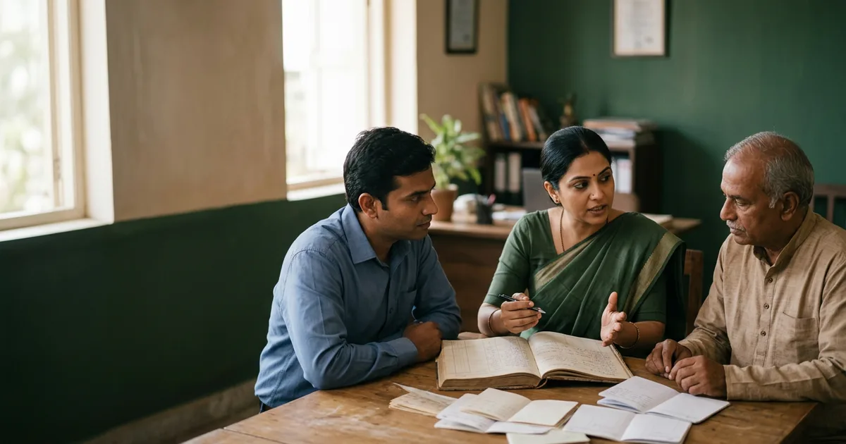 Members of a mutual benefit society reviewing lending records together