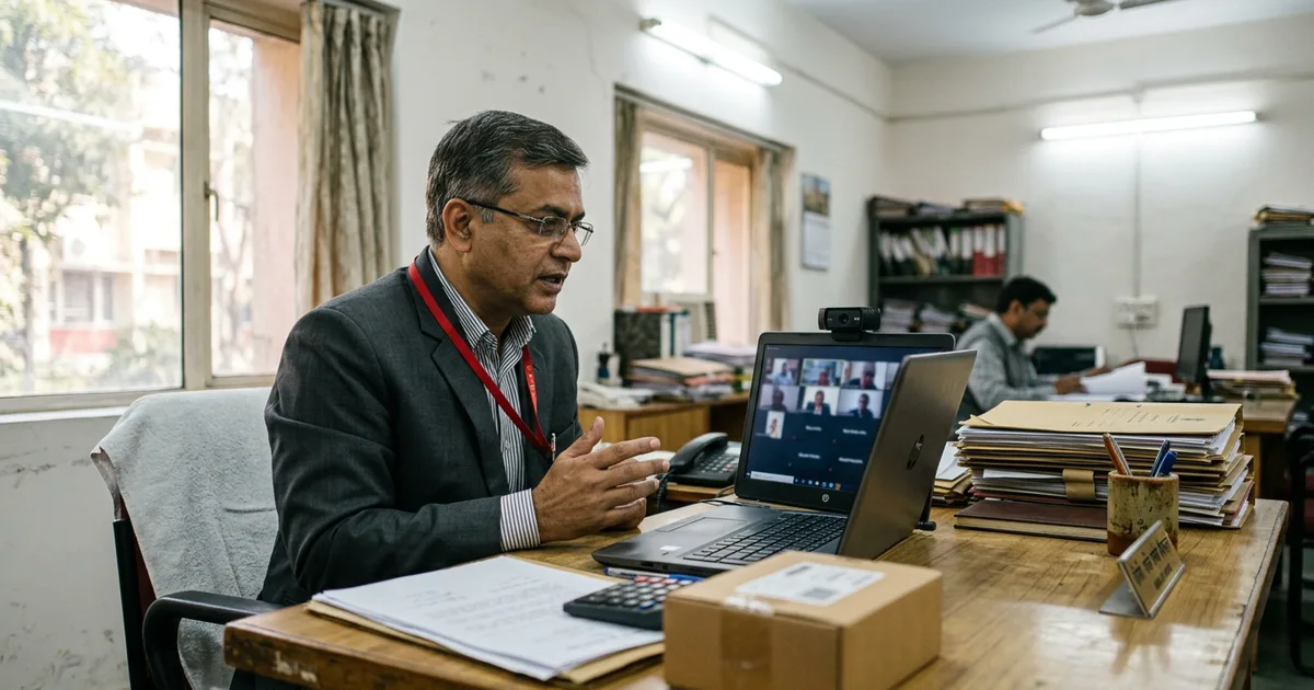Patent office hearing conducted over video with an officer at a desk and a product marked patent pending shown on screen