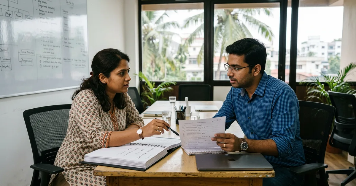 Two founders reviewing a board-meeting checklist and annual accounts in a small private limited company office in Kochi
