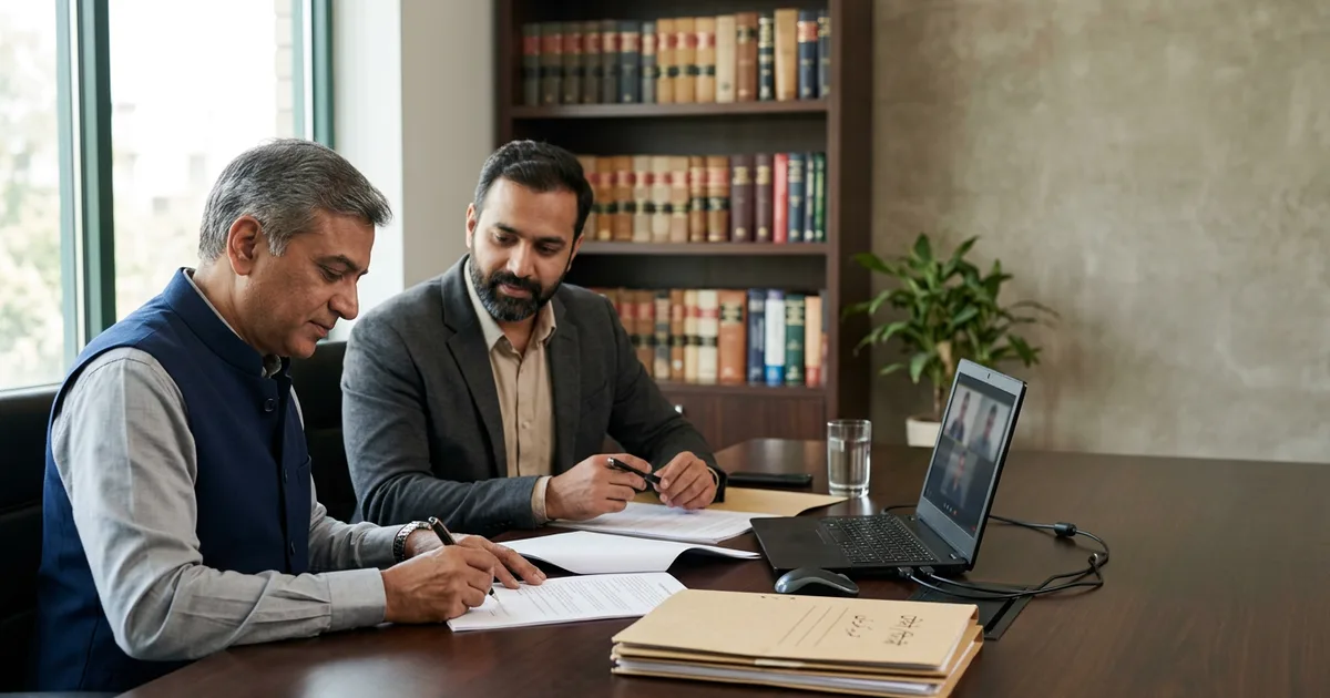 Two business owners signing a settlement document across a table, with trademark files and a laptop set for an online hearing